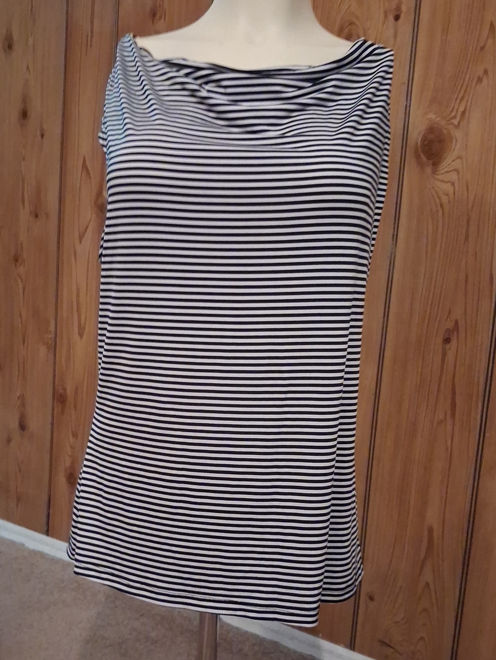 Sleeveless Black and White Striped Boatneck Tank